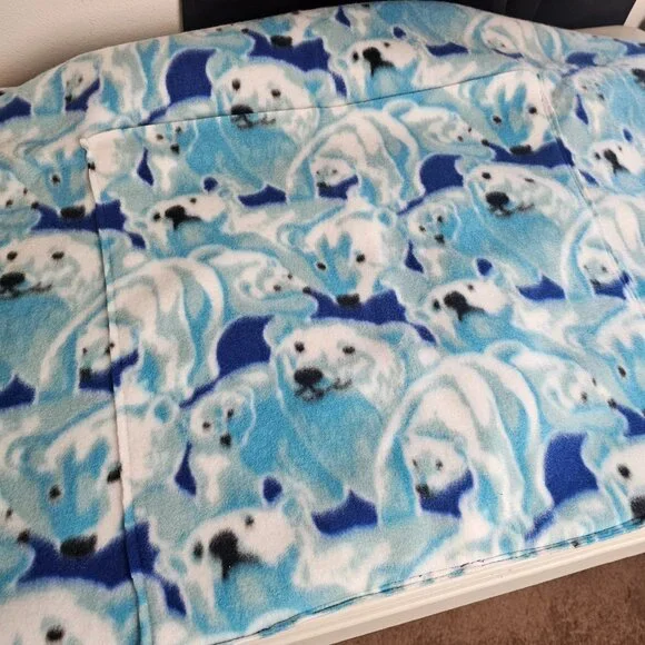 Polar Bear Fleece Panel W42" L71" w Sewn Pocket Craft Apron Blanket Blue White - Picture 5 of 5